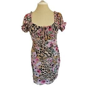 ASOS DESIGN babydoll tie front bardot mini tea dress in floral animal print sz 8